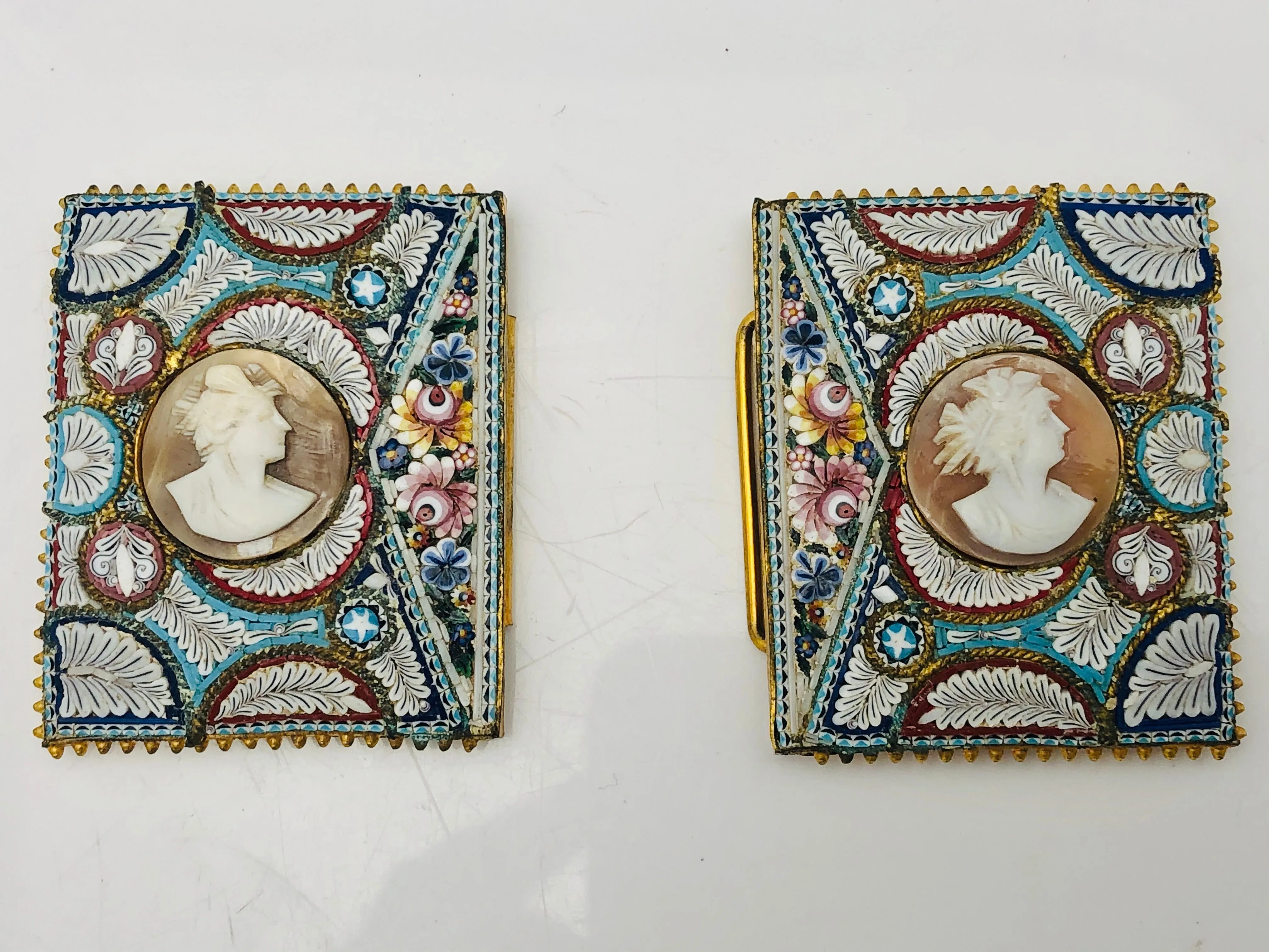Antique Italian Shell Cameo Micro Mosaic Victorian Belt Buckle