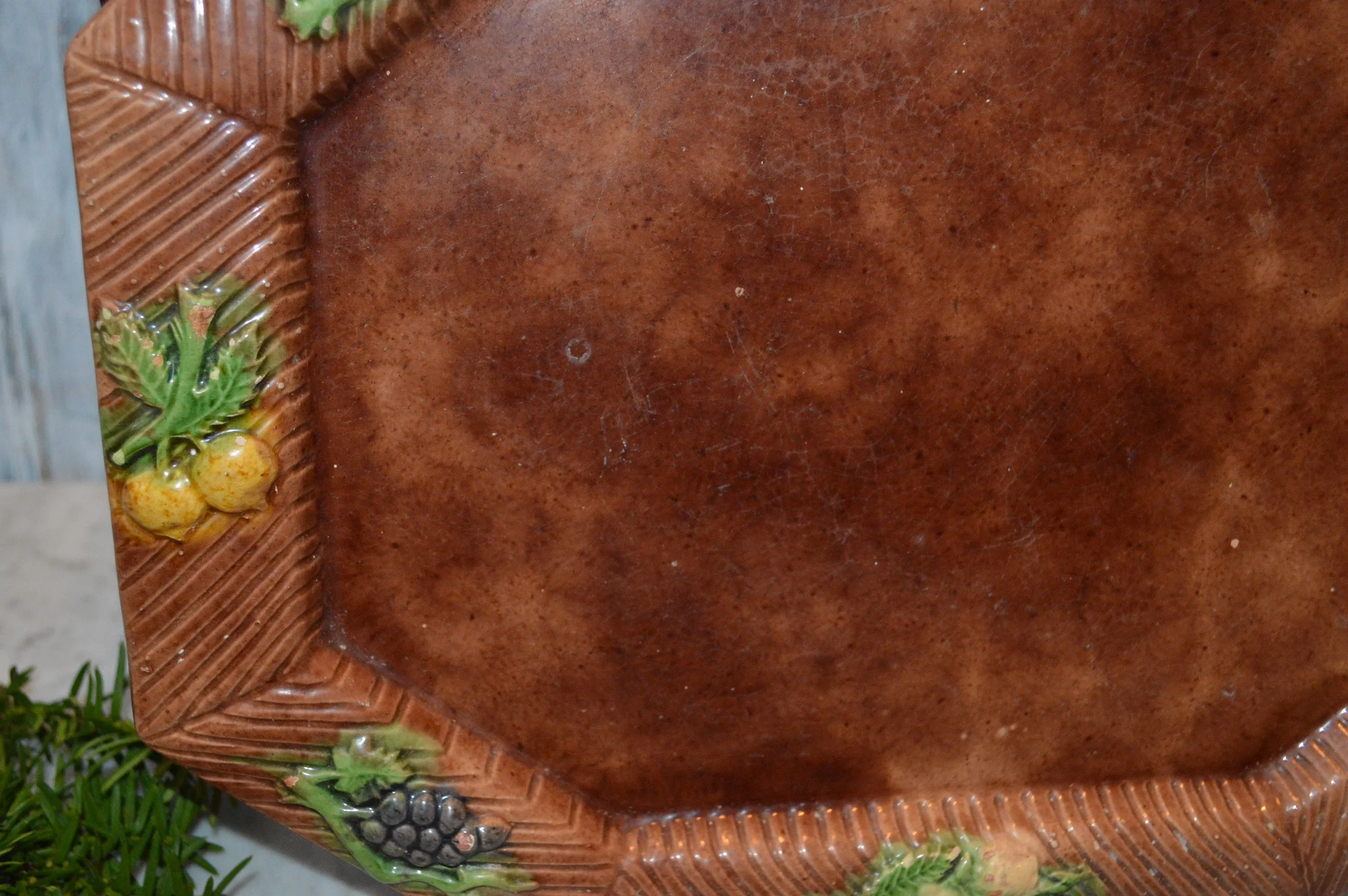 Antique Majolica Large Tray Platter Brown Fruit Motif Grapes and Lemons
