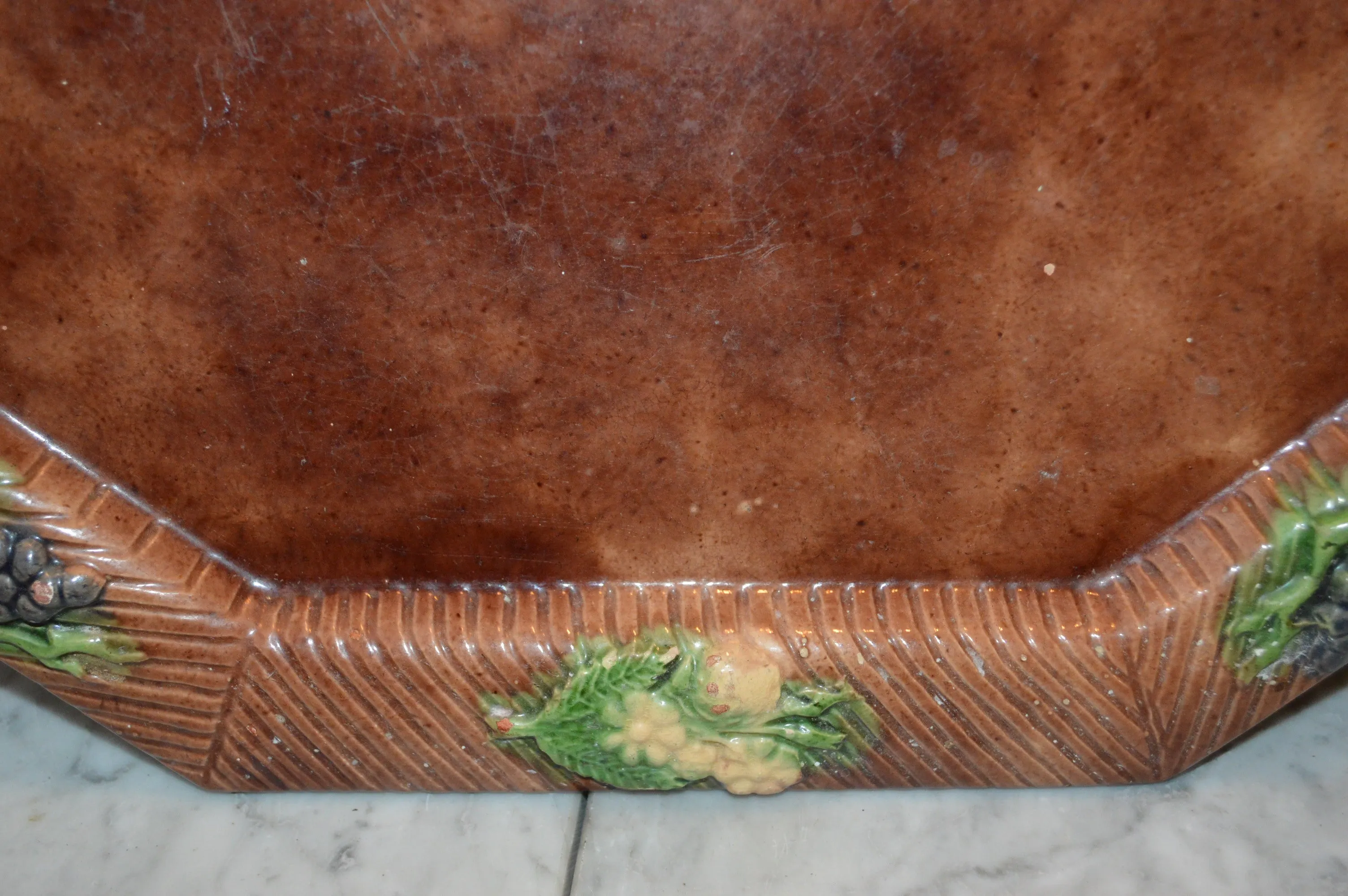 Antique Majolica Large Tray Platter Brown Fruit Motif Grapes and Lemons