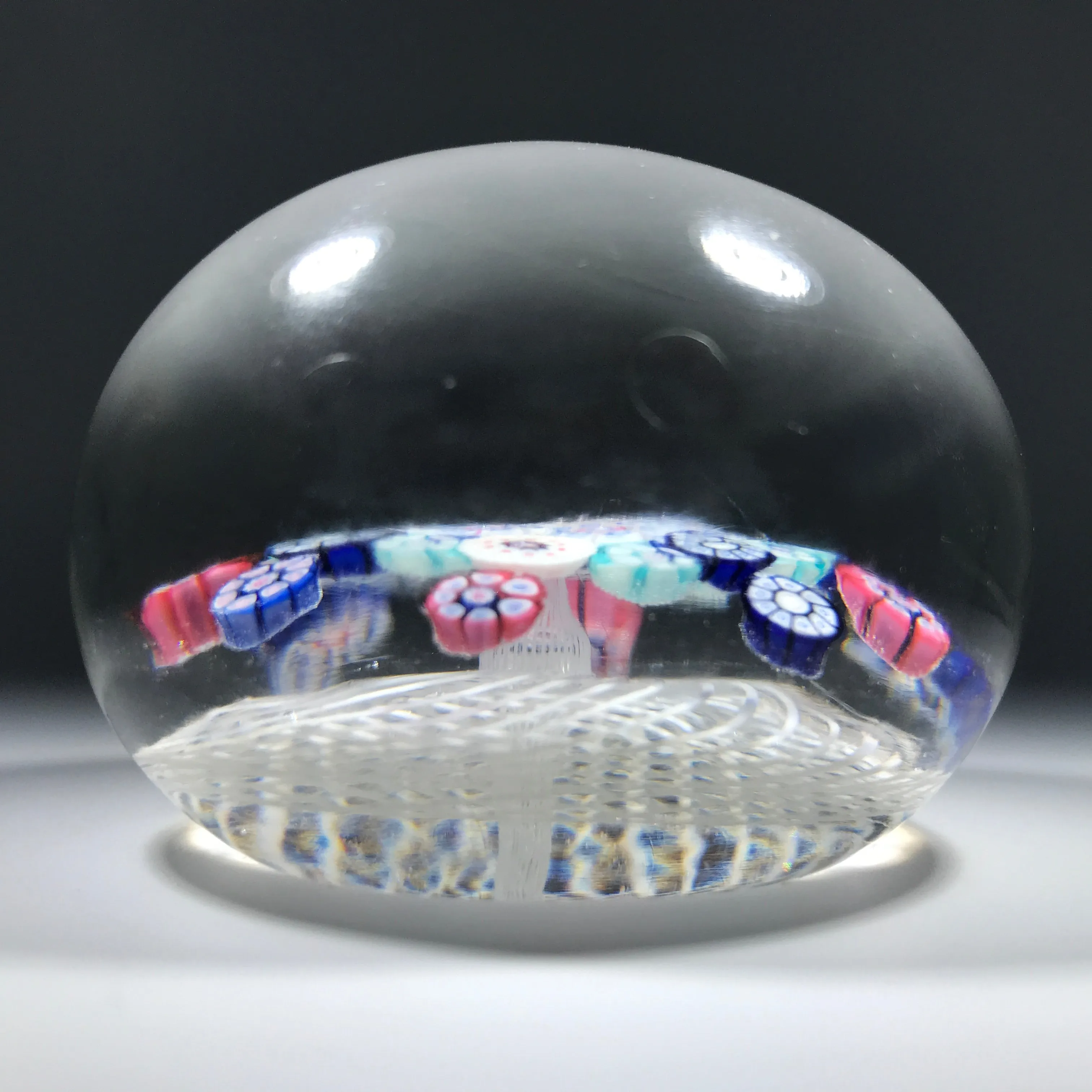 Antique New England Glass Co. Art Glass Paperweight Patterned Complex Milleiofir on Filigree Basket w/ Bee Silhouette Canes