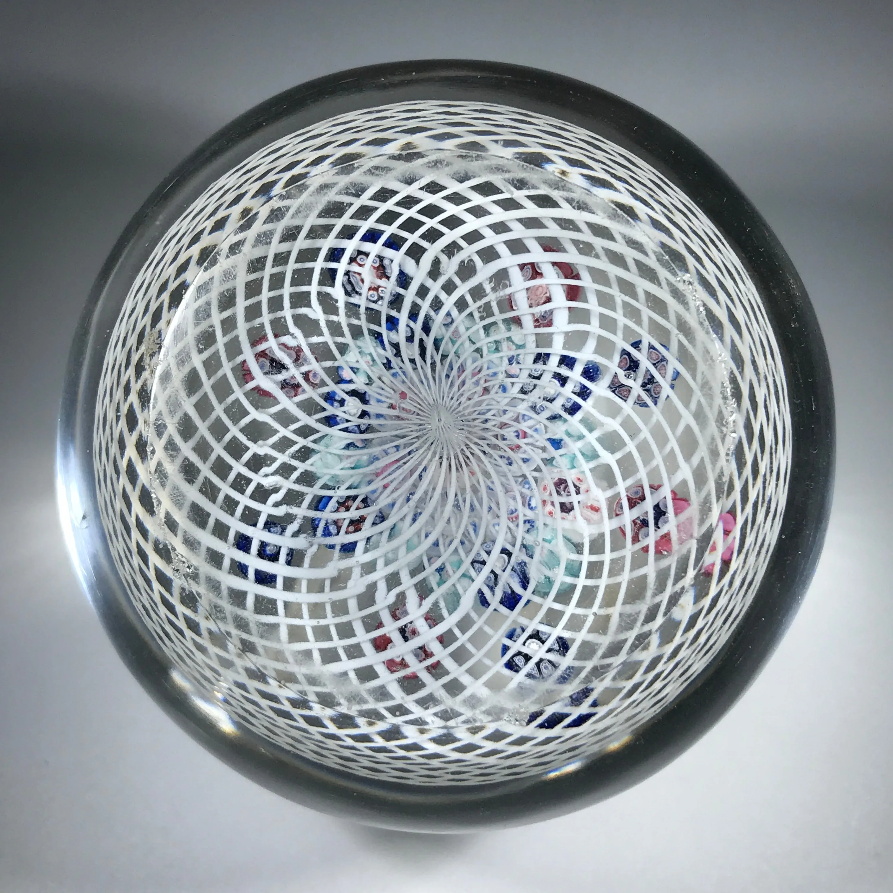 Antique New England Glass Co. Art Glass Paperweight Patterned Complex Milleiofir on Filigree Basket w/ Bee Silhouette Canes