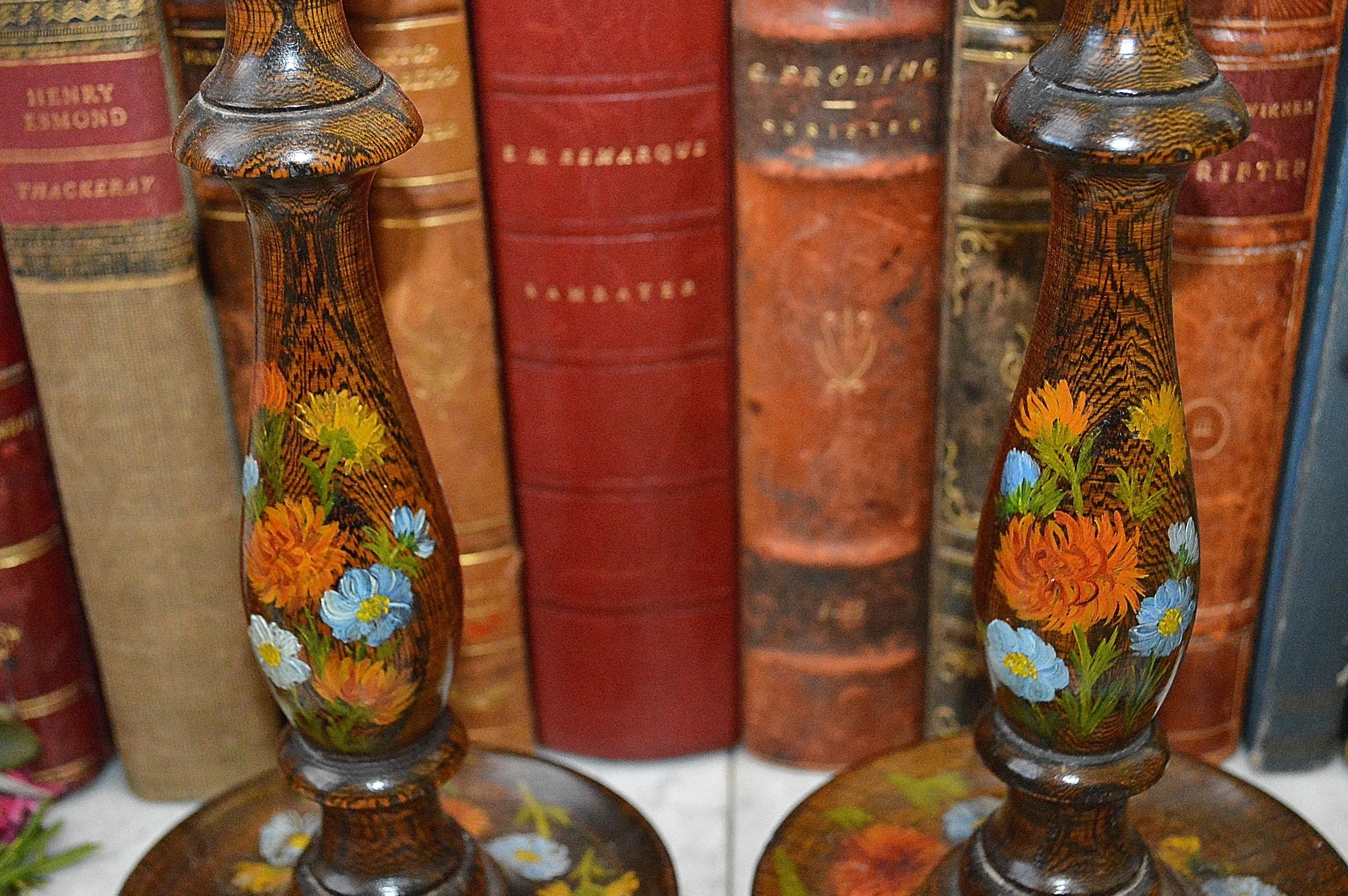 Antique Pair English Turned Wood Candlesticks Oak Candle Holders