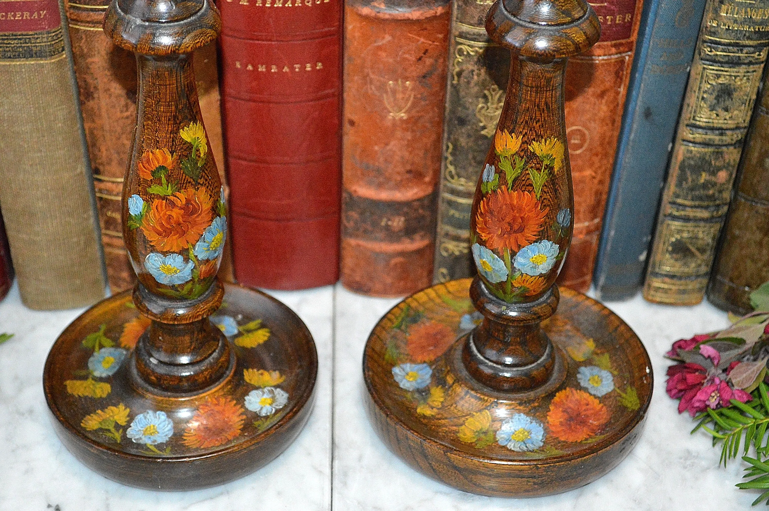 Antique Pair English Turned Wood Candlesticks Oak Candle Holders
