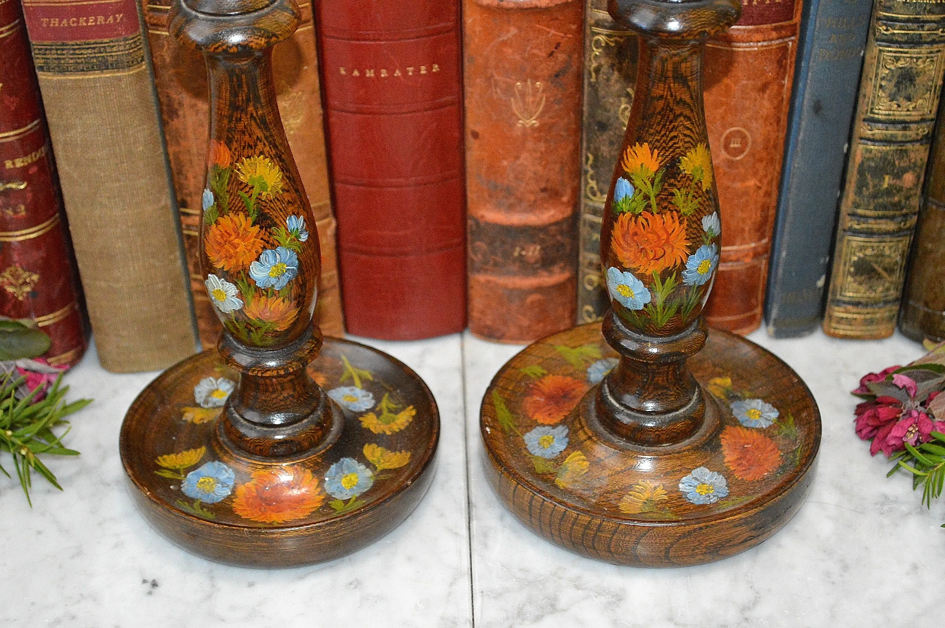 Antique Pair English Turned Wood Candlesticks Oak Candle Holders