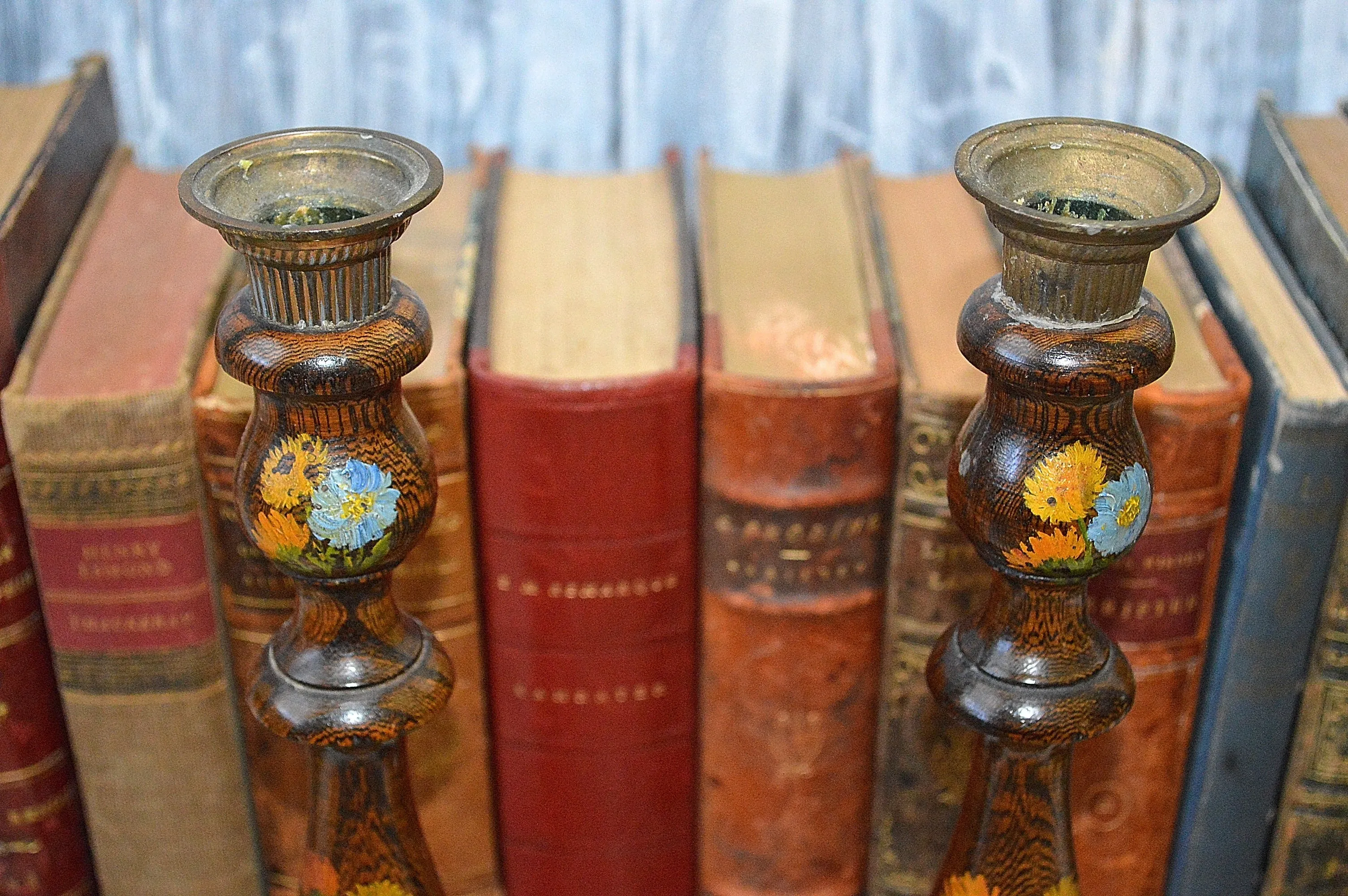 Antique Pair English Turned Wood Candlesticks Oak Candle Holders