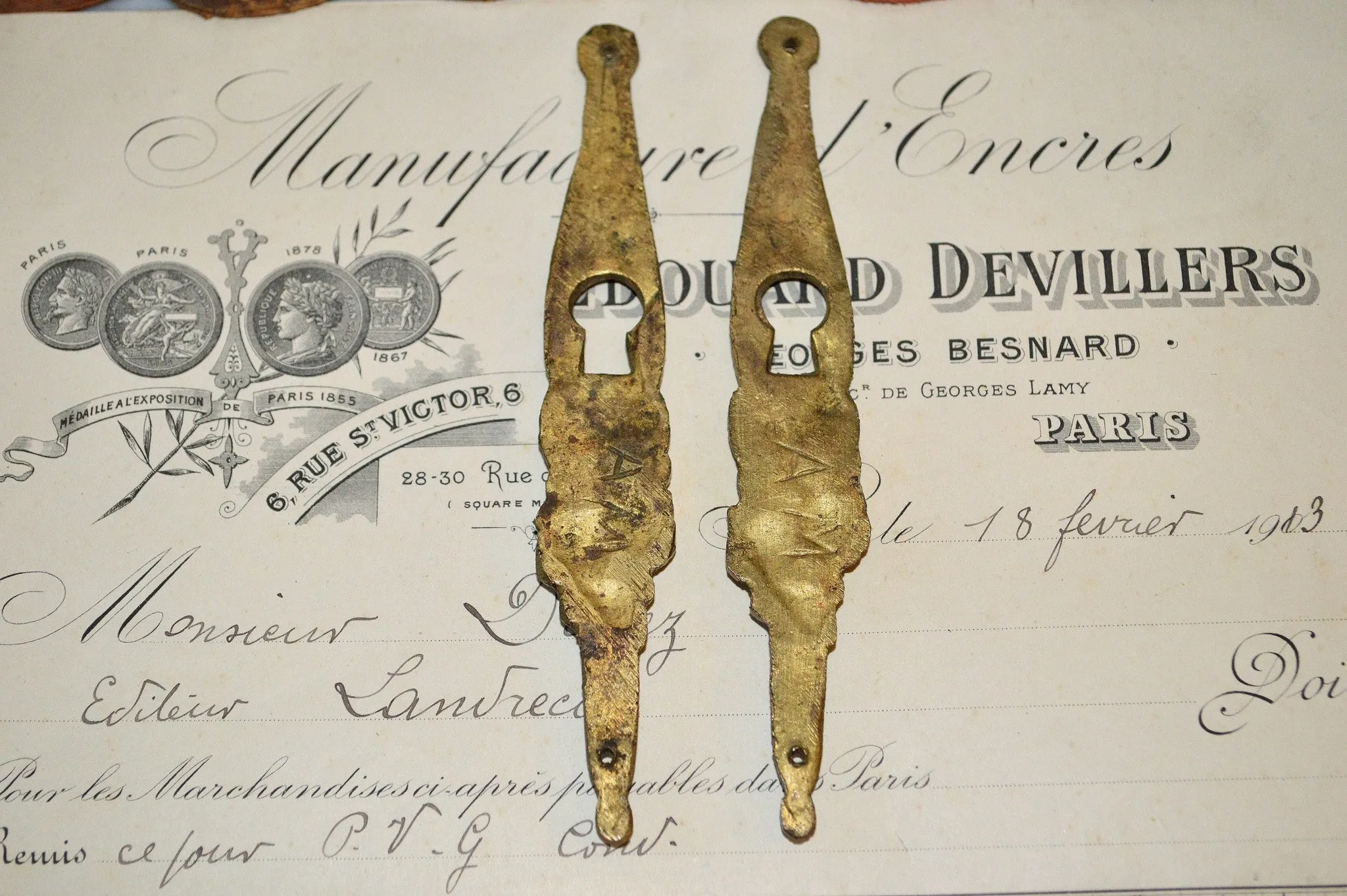 Antique Pair French Bronze Escutcheons Vertical Keyholes Roses