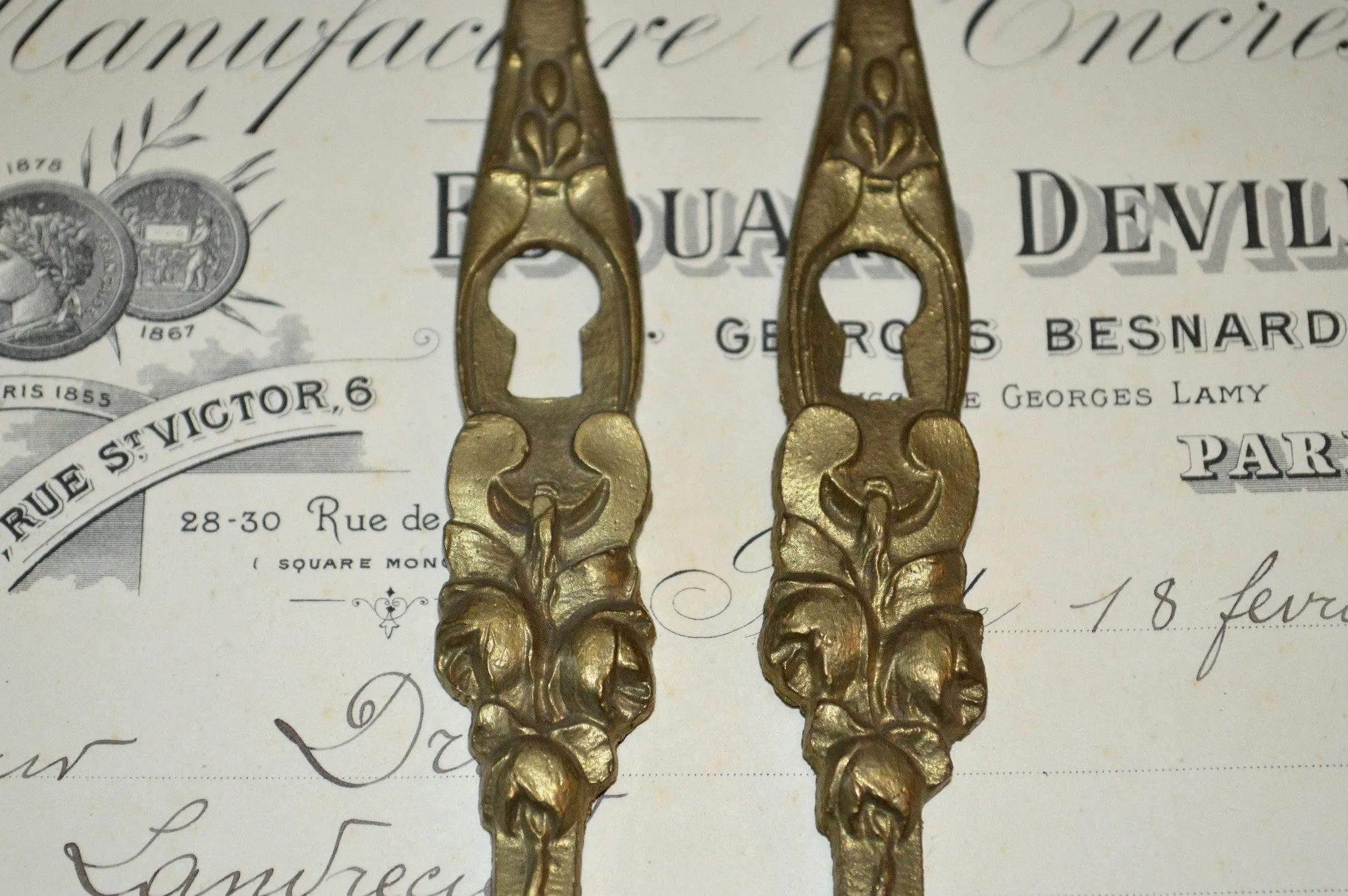 Antique Pair French Bronze Escutcheons Vertical Keyholes Roses