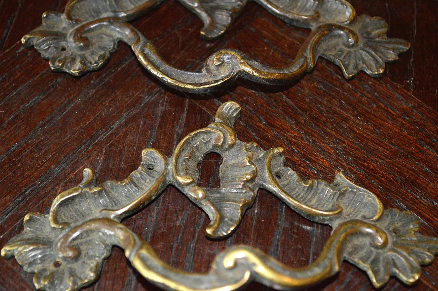 Antique Pair French Handles Pulls Brass Escutcheon Keyhole Hardware