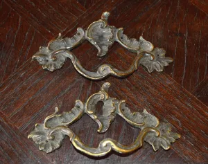 Antique Pair French Handles Pulls Brass Escutcheon Keyhole Hardware
