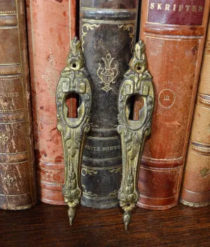 Antique Pair French Keyholes Gilt Bronze Vertical Escutcheons Hardware