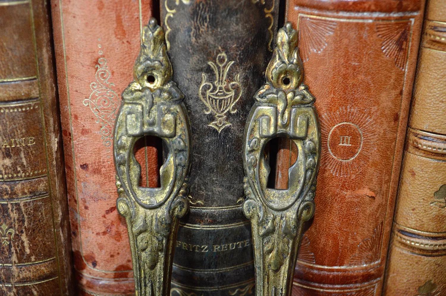 Antique Pair French Keyholes Gilt Bronze Vertical Escutcheons Hardware