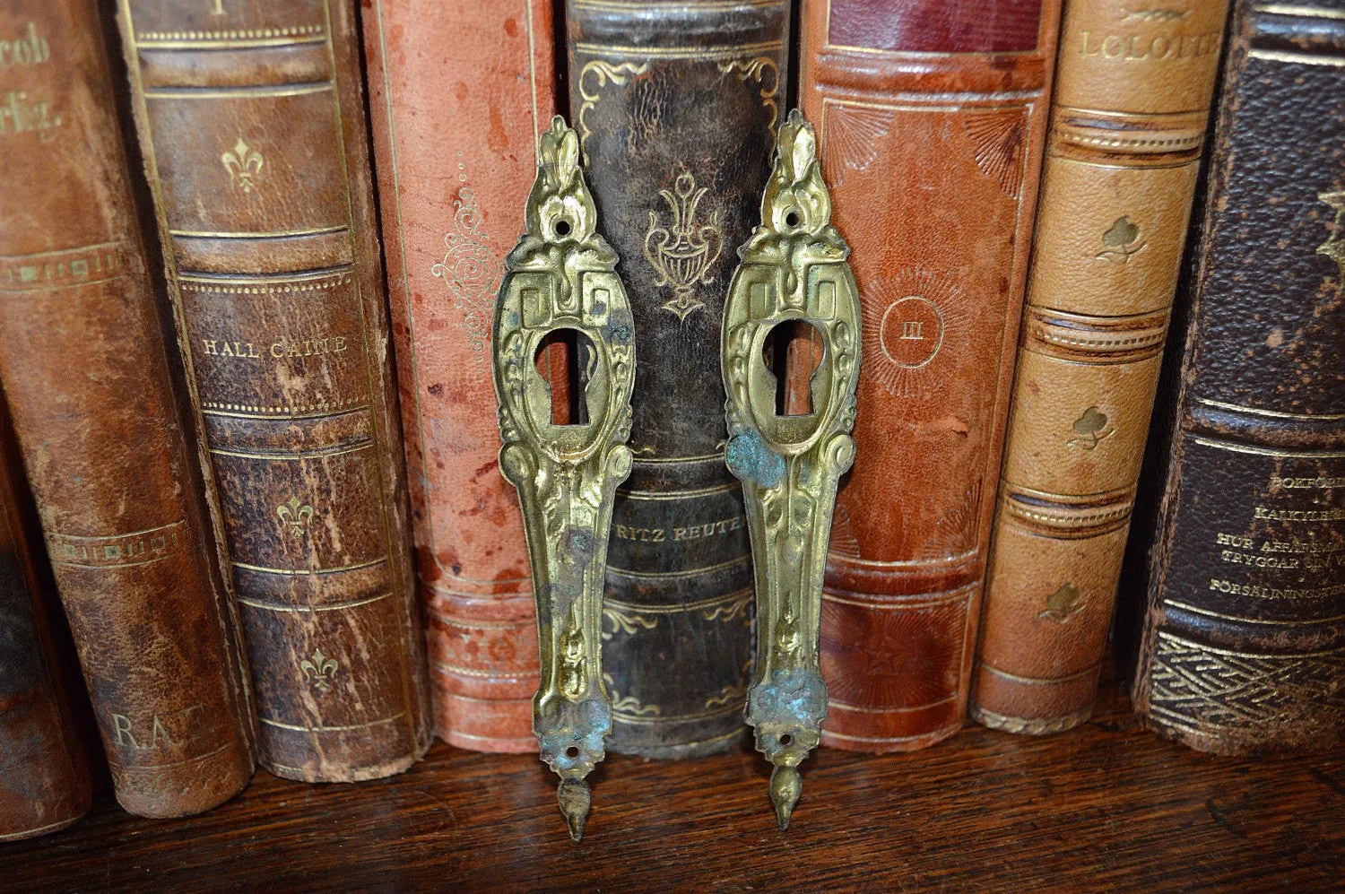 Antique Pair French Keyholes Gilt Bronze Vertical Escutcheons Hardware