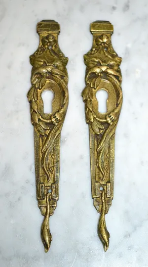 Antique Pair French Lion Head Bronze Ormolu Escutcheons Vertical Keyholes