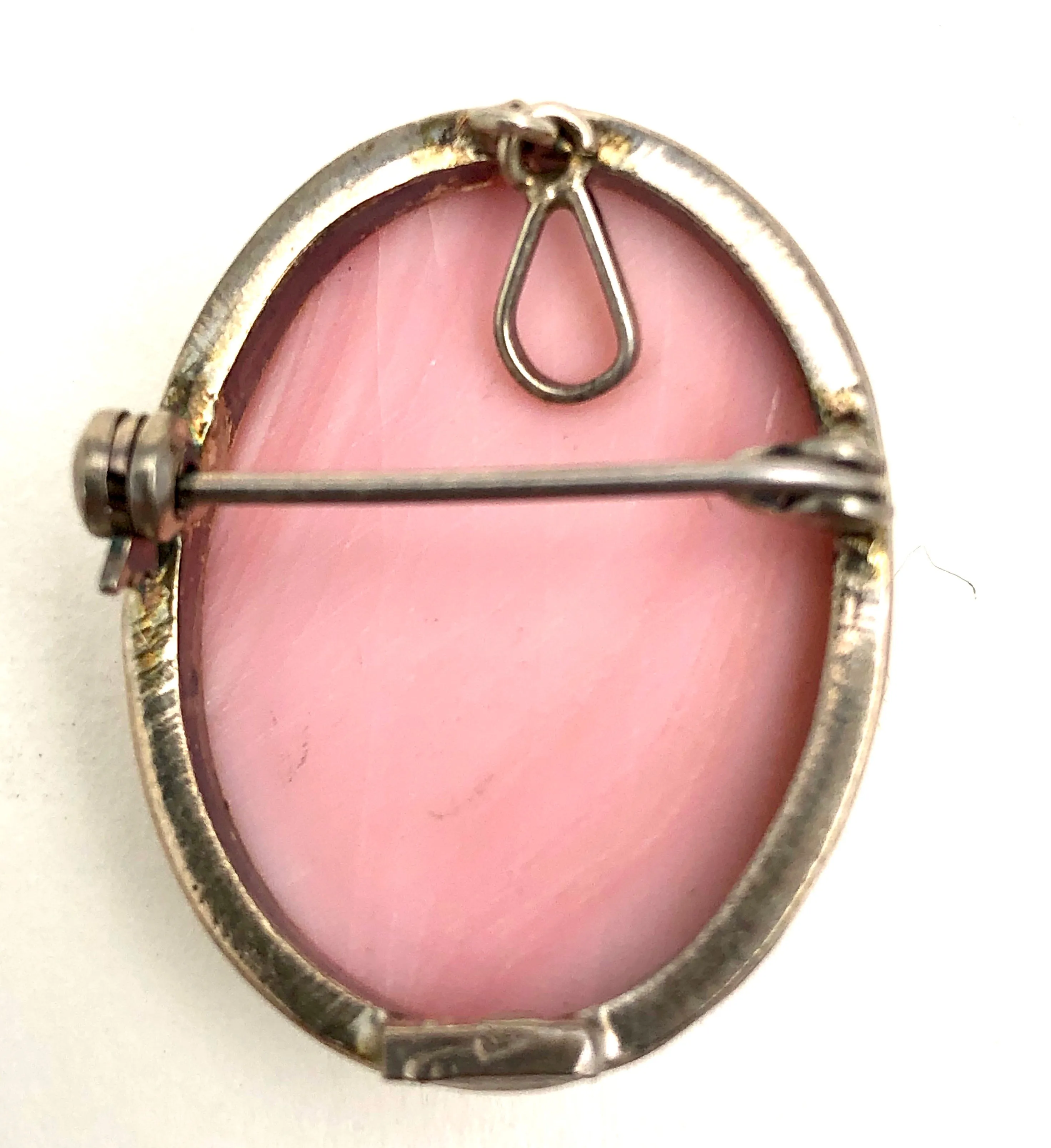Antique Pink Shell Cameo Silver Brooch