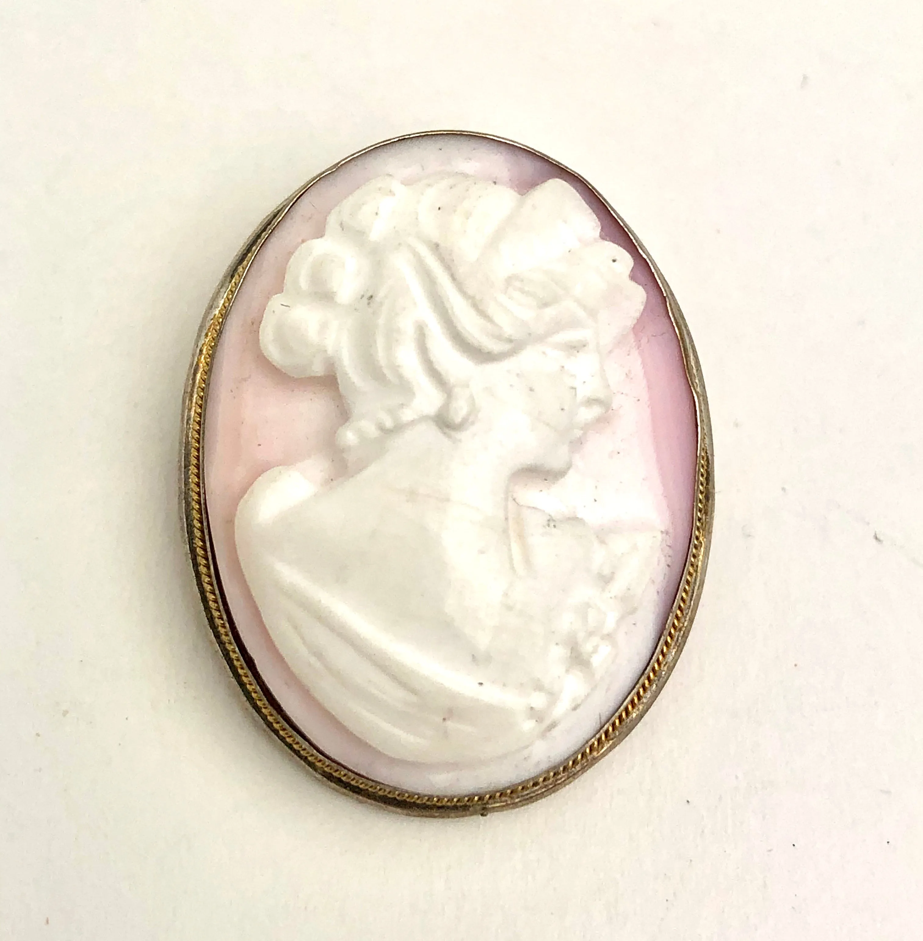 Antique Pink Shell Cameo Silver Brooch