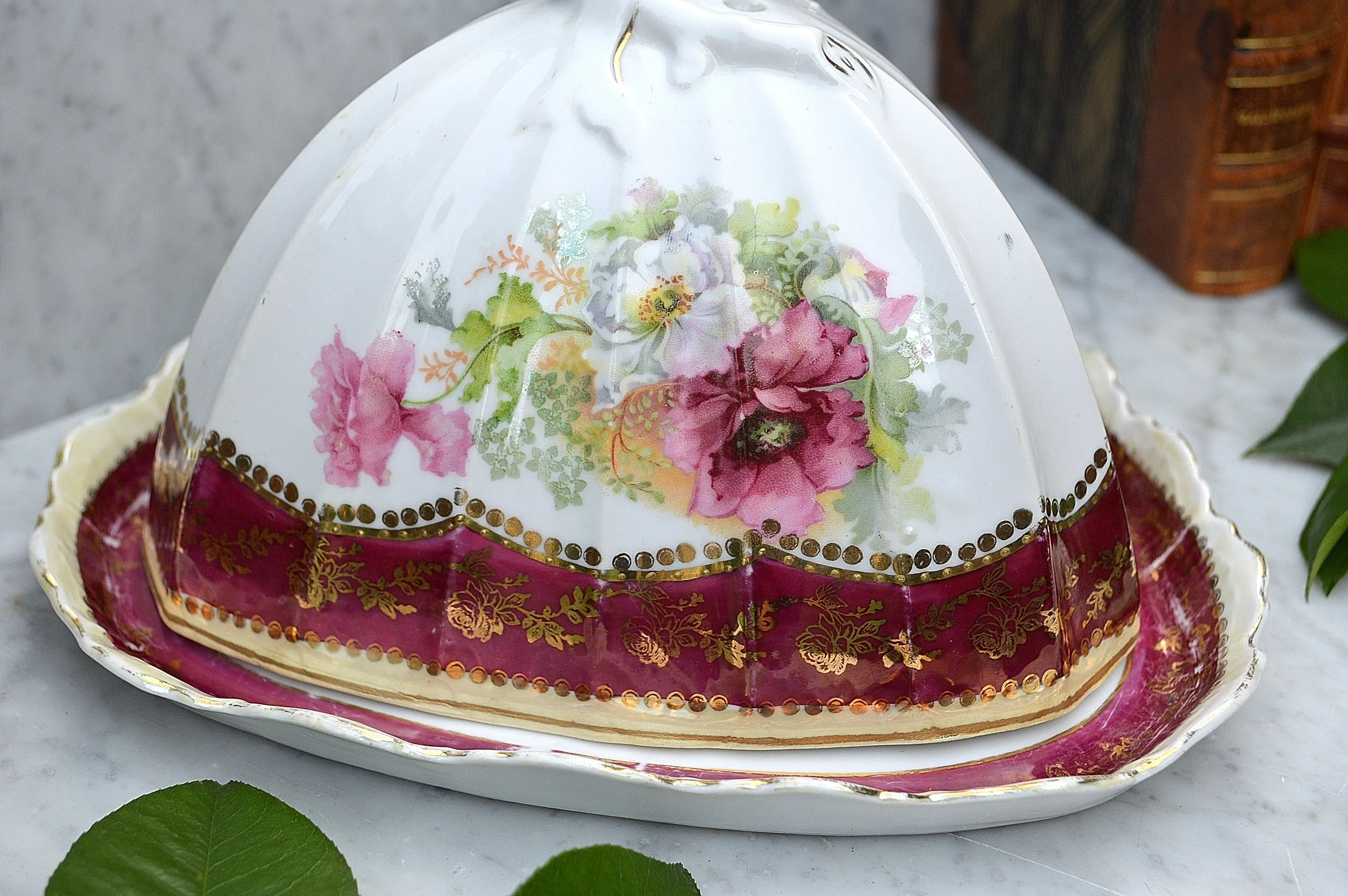 Antique RW Bavaria Covered Cheese Dome Porcelain Floral Transferware