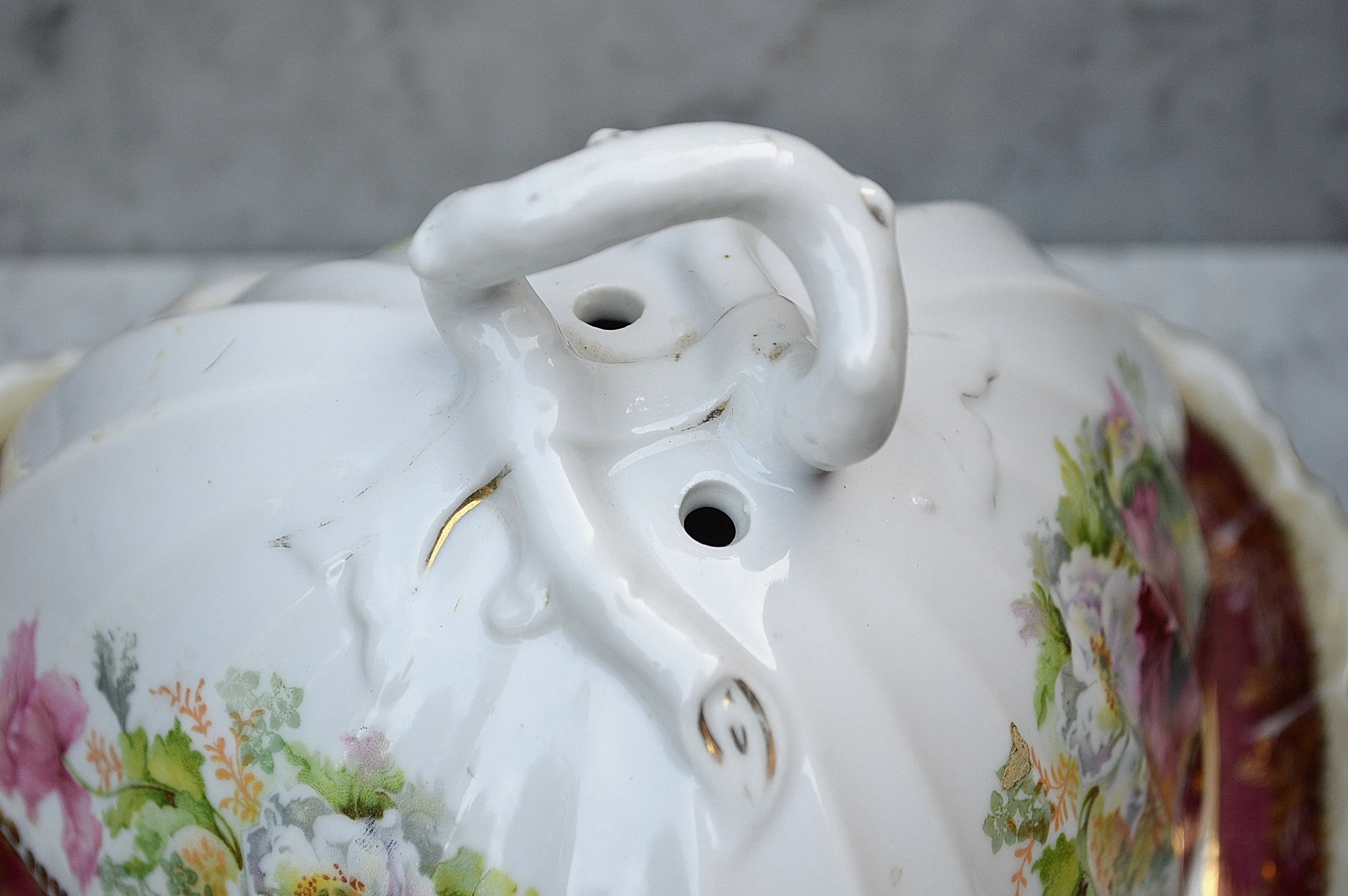 Antique RW Bavaria Covered Cheese Dome Porcelain Floral Transferware