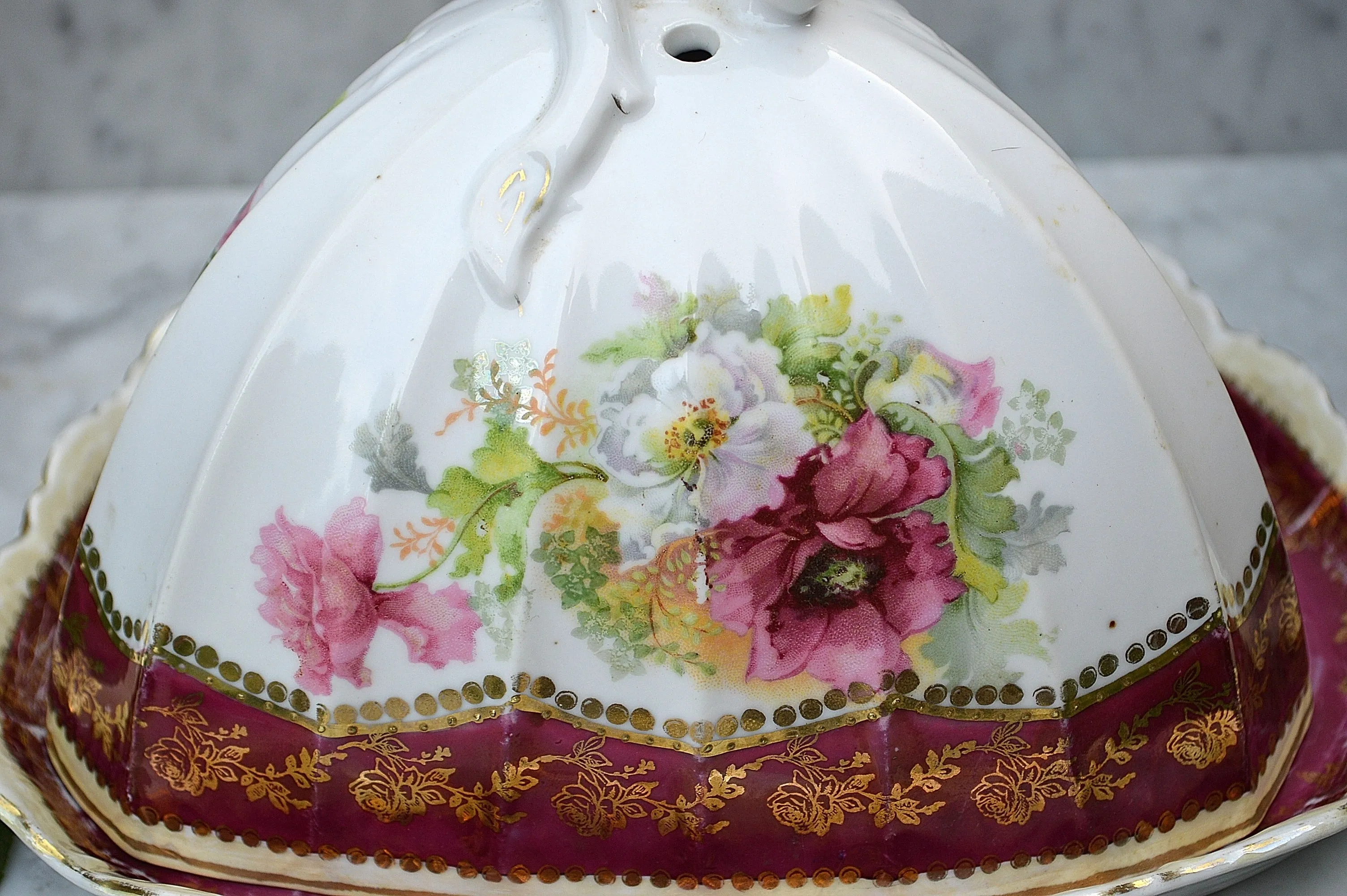 Antique RW Bavaria Covered Cheese Dome Porcelain Floral Transferware