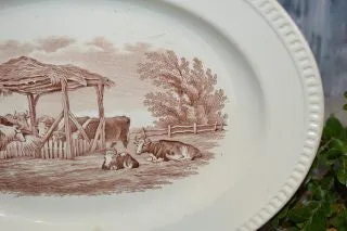 Antique Spode Copeland Duncan English Platter Rural Scene Brown Transferware