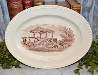 Antique Spode Copeland Duncan English Platter Rural Scene Brown Transferware