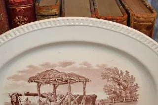 Antique Spode Copeland Duncan English Platter Rural Scene Brown Transferware
