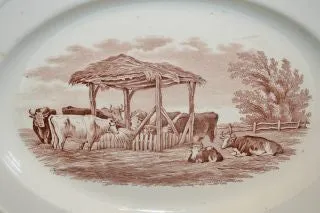 Antique Spode Copeland Duncan English Platter Rural Scene Brown Transferware