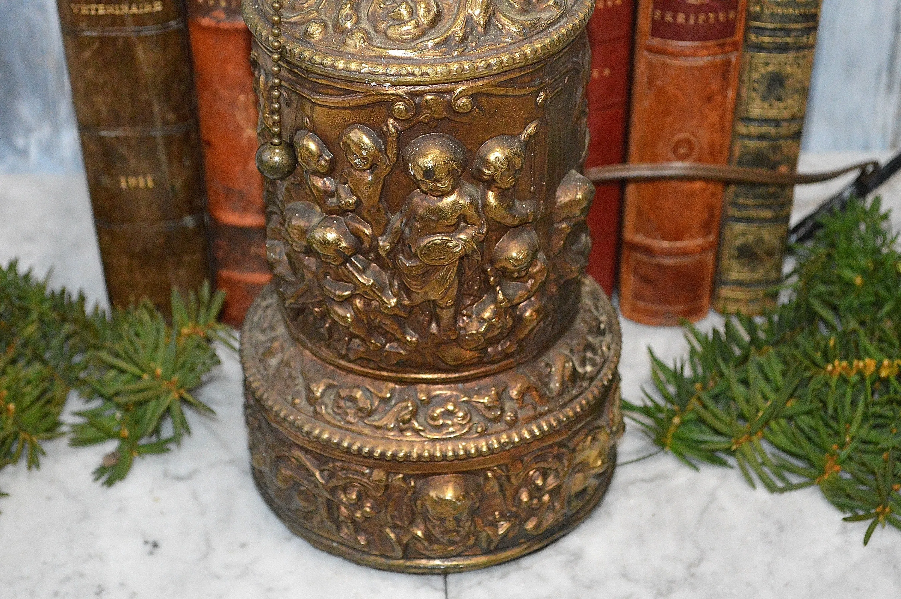 Antique Table Lamp Figural Cherubs Musical Instruments Brass 1907