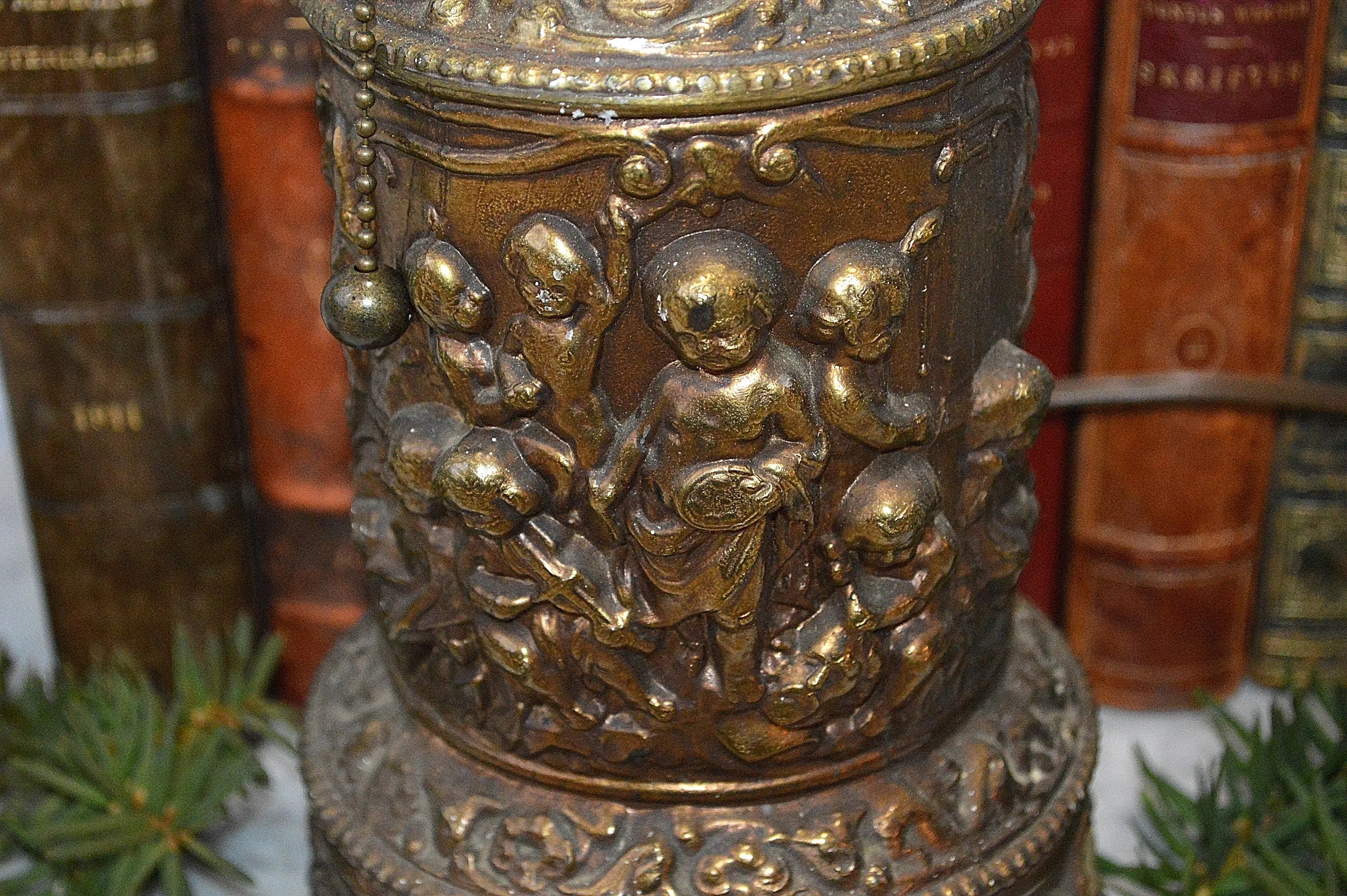 Antique Table Lamp Figural Cherubs Musical Instruments Brass 1907