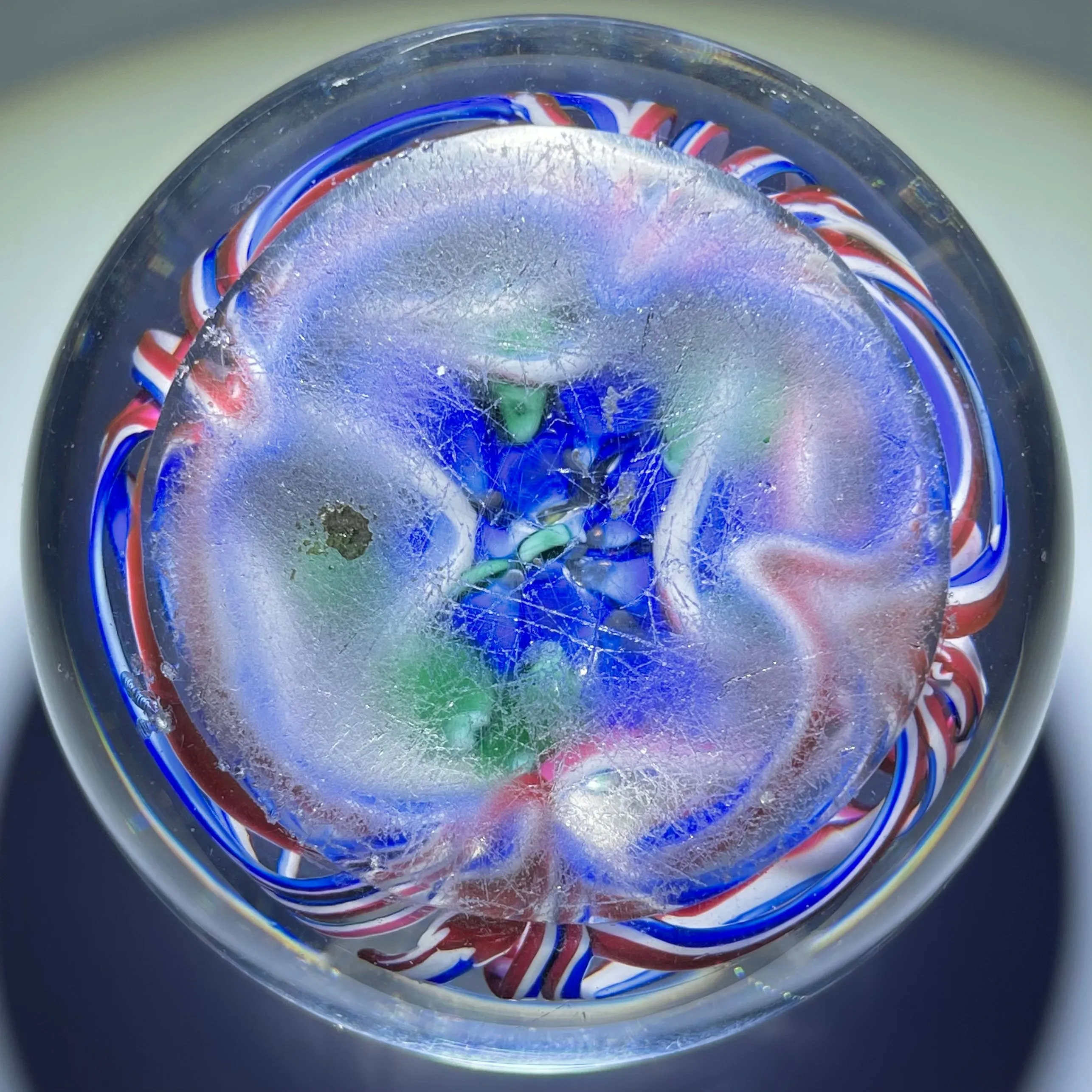 Antique Union Glass Co. Magnum Marbrie With Lampwork Blue Blossom
