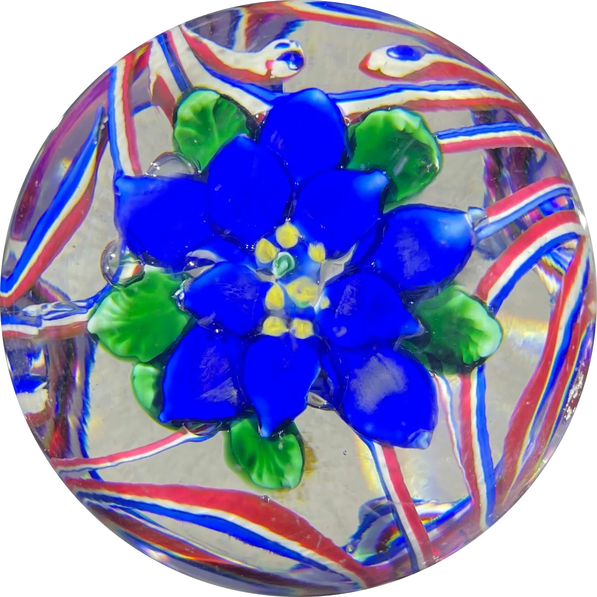 Antique Union Glass Co. Magnum Marbrie With Lampwork Blue Blossom