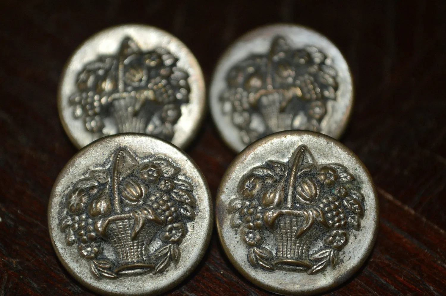 Antique Victorian Buttons Set of 4 Fruit Basket in Silver