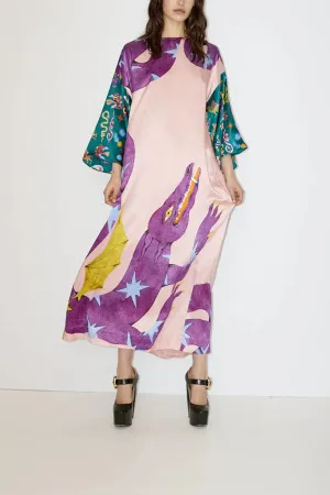 ARTISTIC NATURE SATIN UNIQUE PRINT CONTRAST SLIT RELAXED VACATION MAXI DRESS