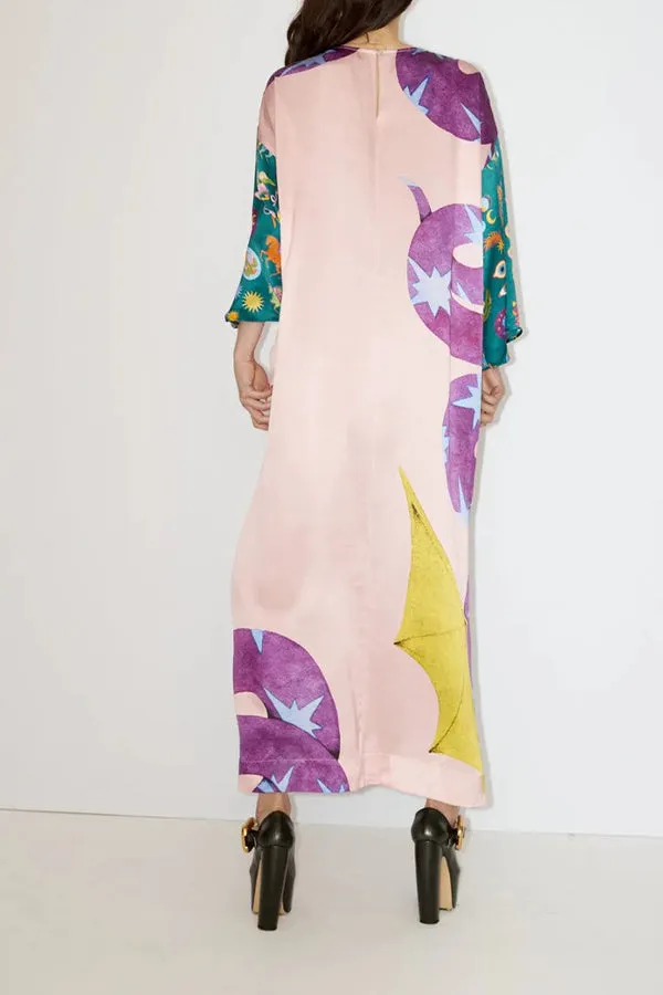ARTISTIC NATURE SATIN UNIQUE PRINT CONTRAST SLIT RELAXED VACATION MAXI DRESS