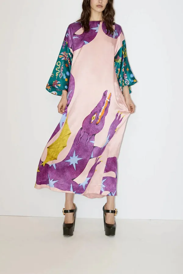 ARTISTIC NATURE SATIN UNIQUE PRINT CONTRAST SLIT RELAXED VACATION MAXI DRESS
