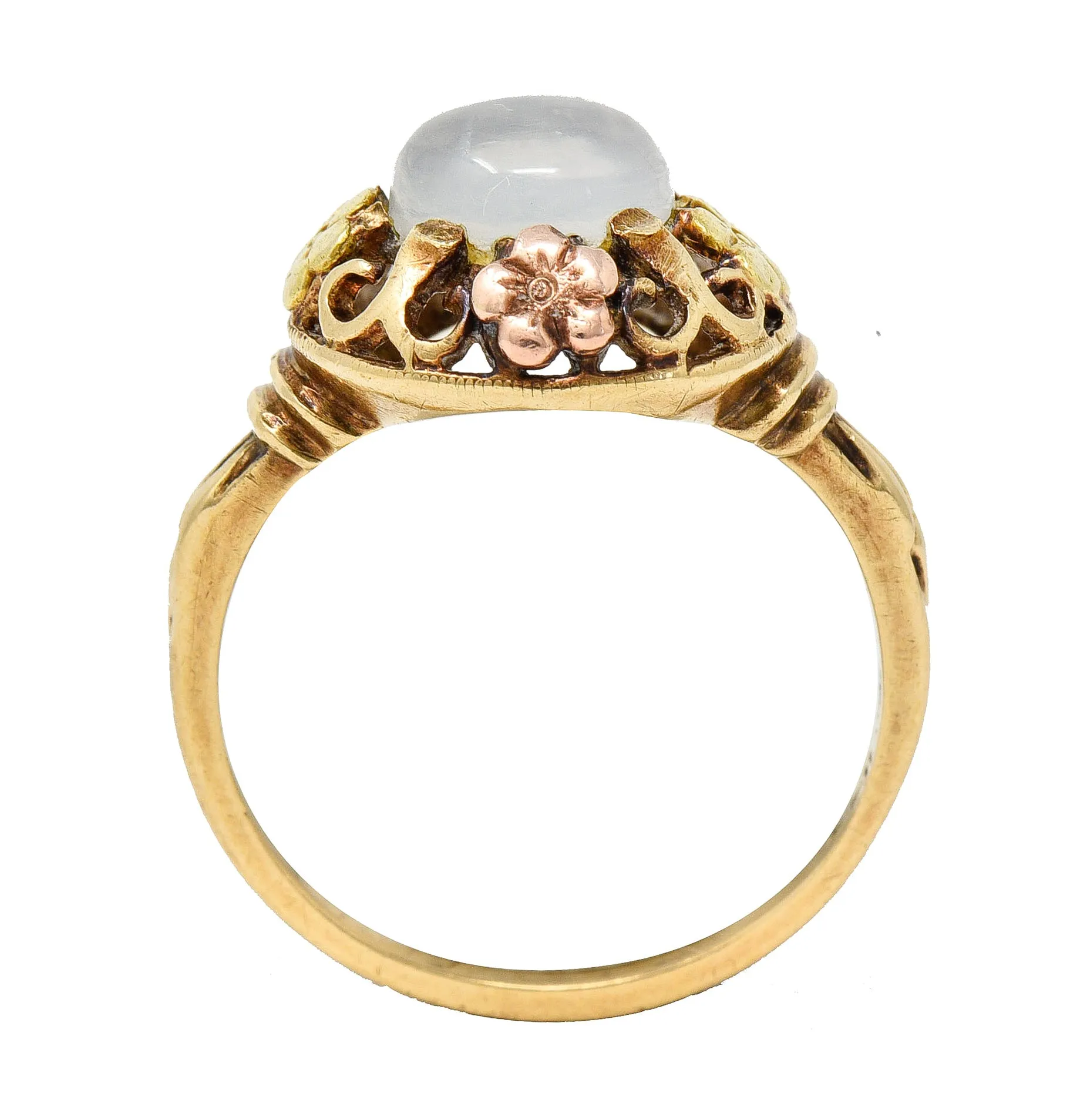 Arts & Crafts Moonstone Cabochon 14 Karat Tri-Colored Gold Floral Whiplash Antique Ring