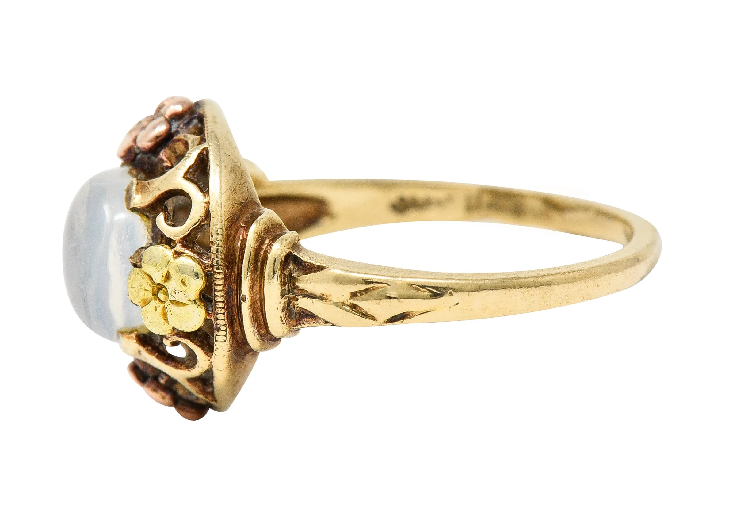 Arts & Crafts Moonstone Cabochon 14 Karat Tri-Colored Gold Floral Whiplash Antique Ring