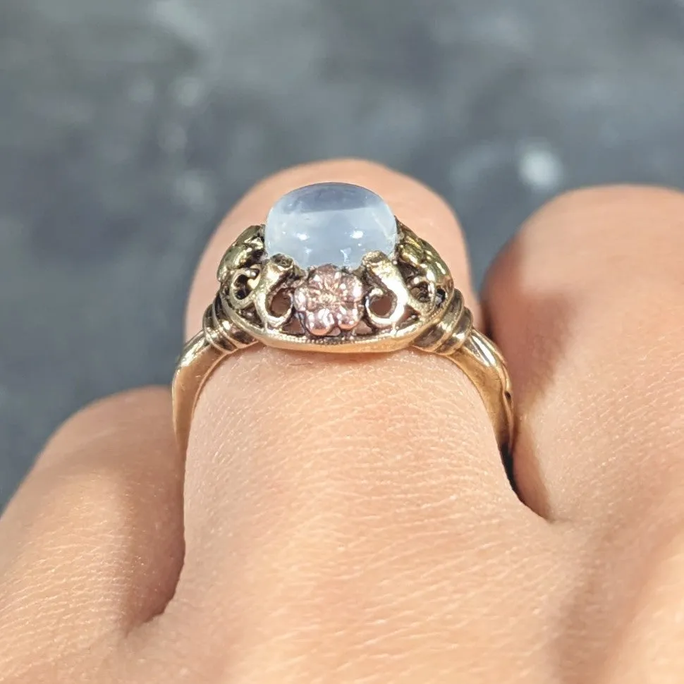 Arts & Crafts Moonstone Cabochon 14 Karat Tri-Colored Gold Floral Whiplash Antique Ring