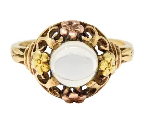 Arts & Crafts Moonstone Cabochon 14 Karat Tri-Colored Gold Floral Whiplash Antique Ring