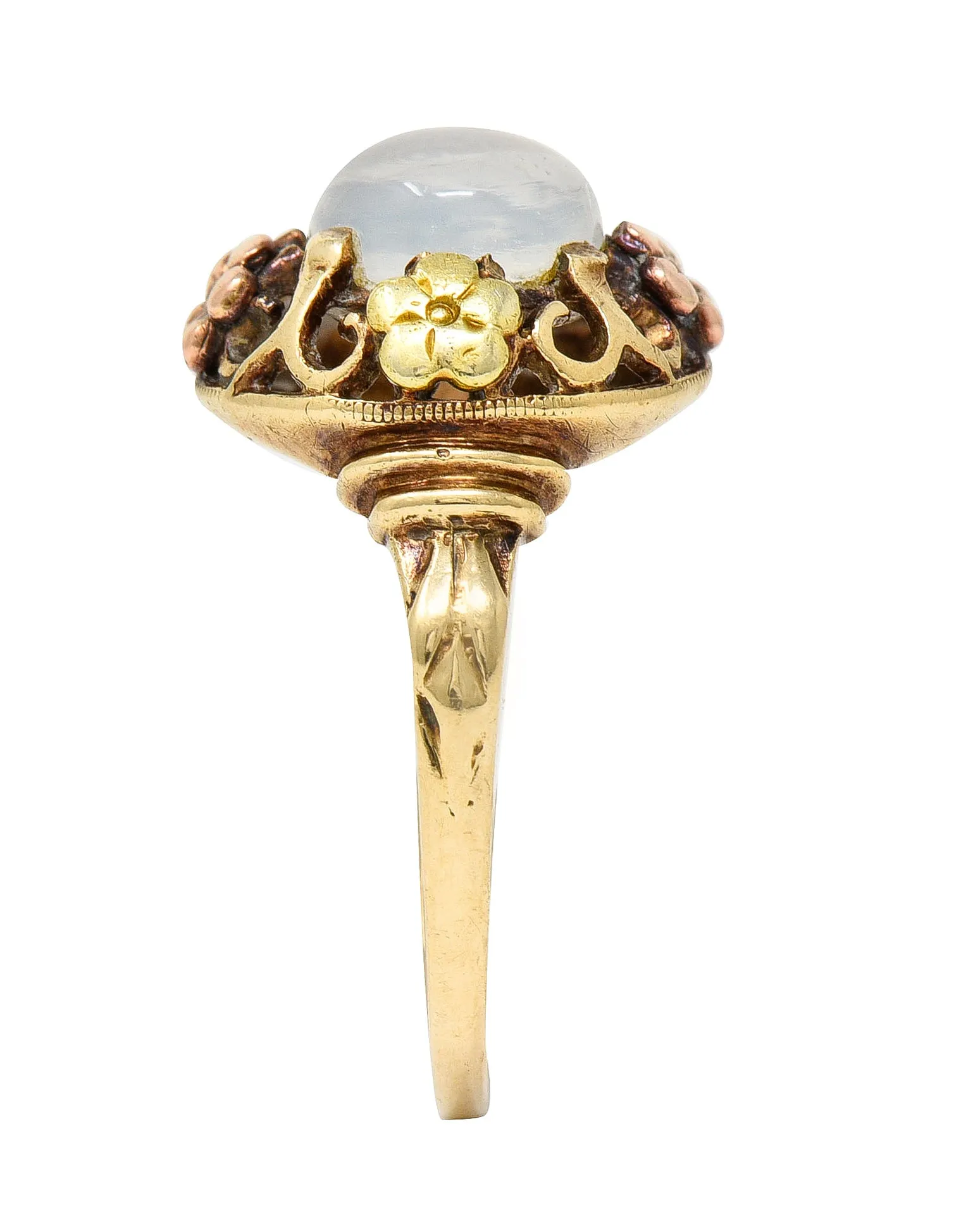 Arts & Crafts Moonstone Cabochon 14 Karat Tri-Colored Gold Floral Whiplash Antique Ring