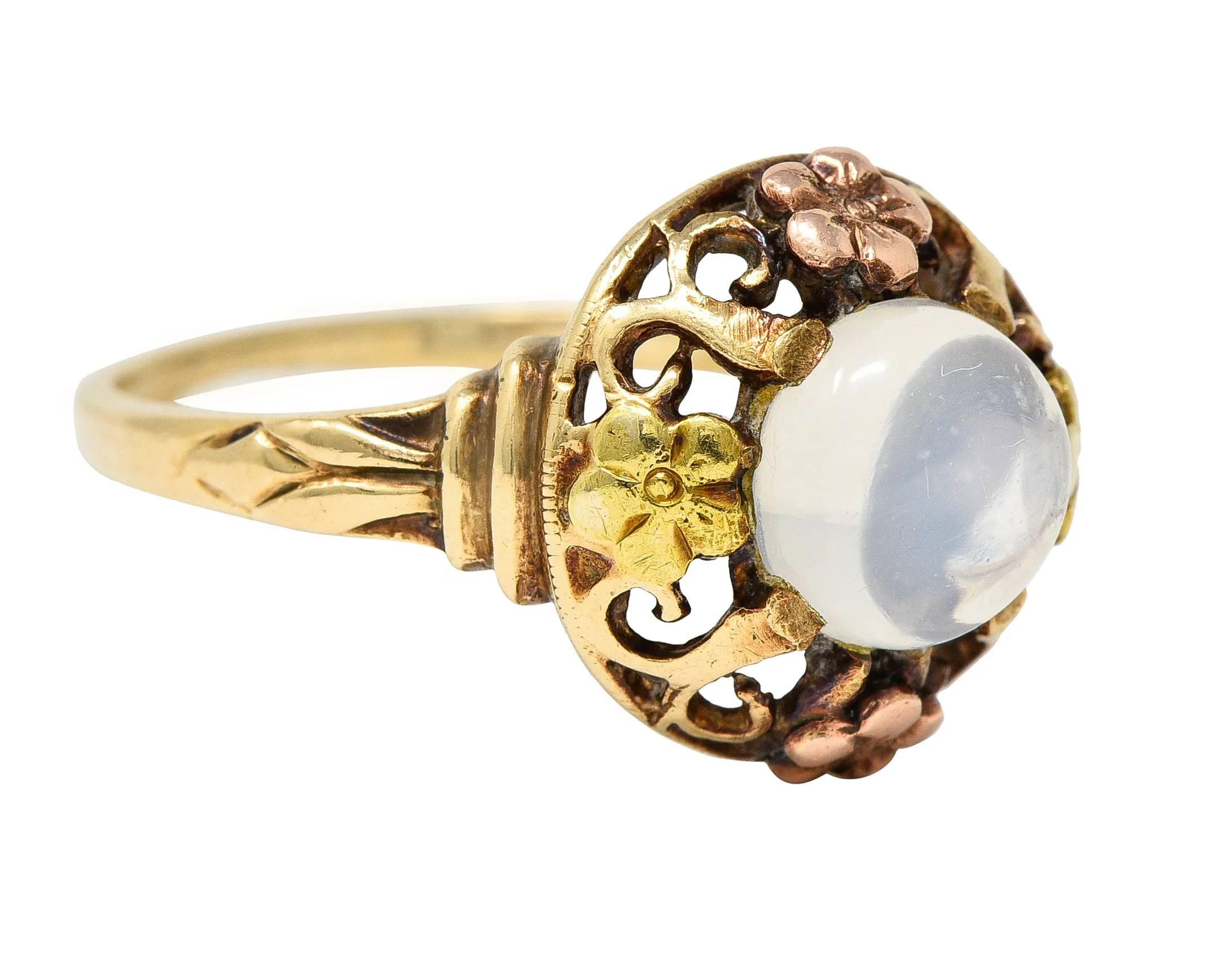 Arts & Crafts Moonstone Cabochon 14 Karat Tri-Colored Gold Floral Whiplash Antique Ring
