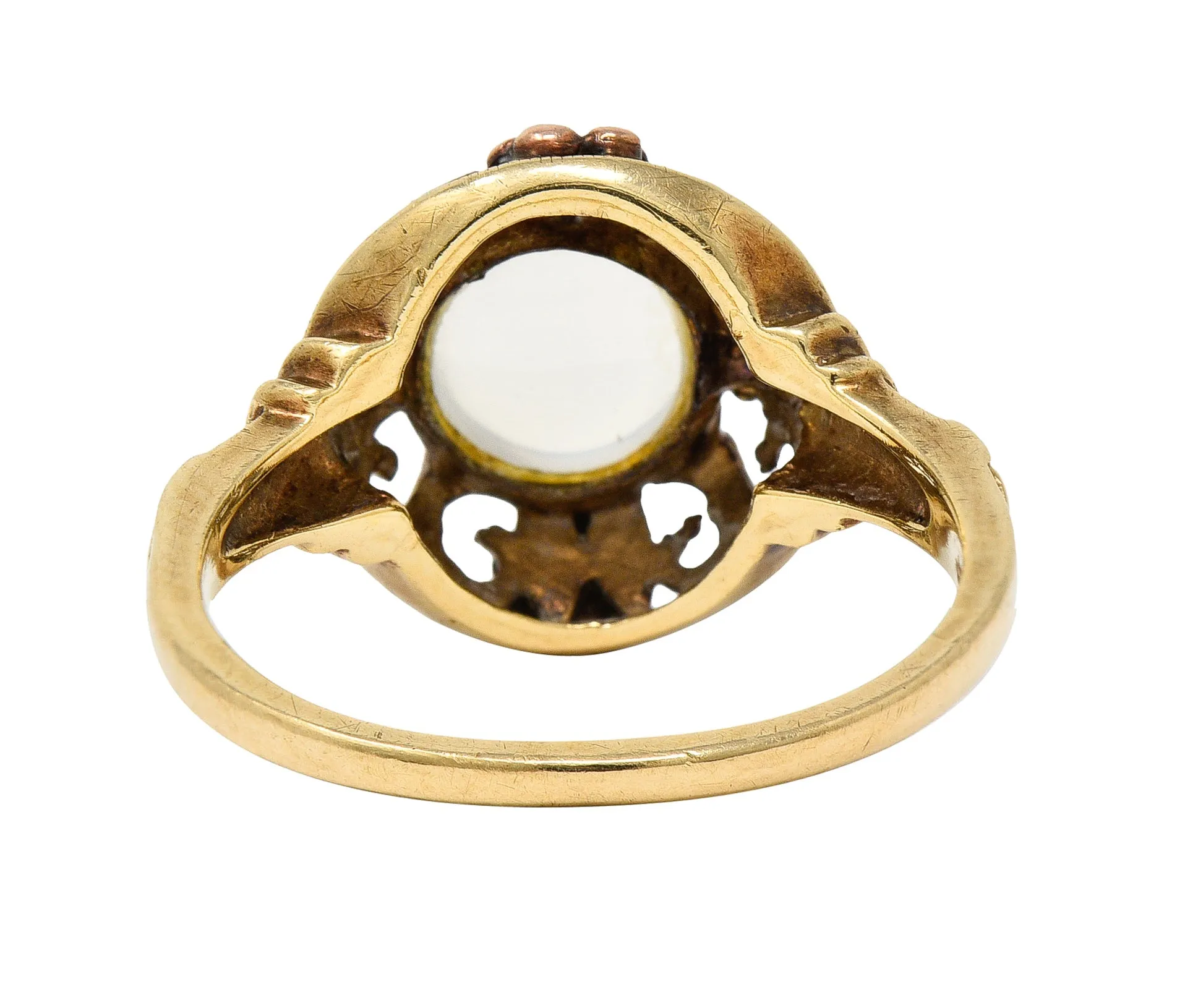 Arts & Crafts Moonstone Cabochon 14 Karat Tri-Colored Gold Floral Whiplash Antique Ring