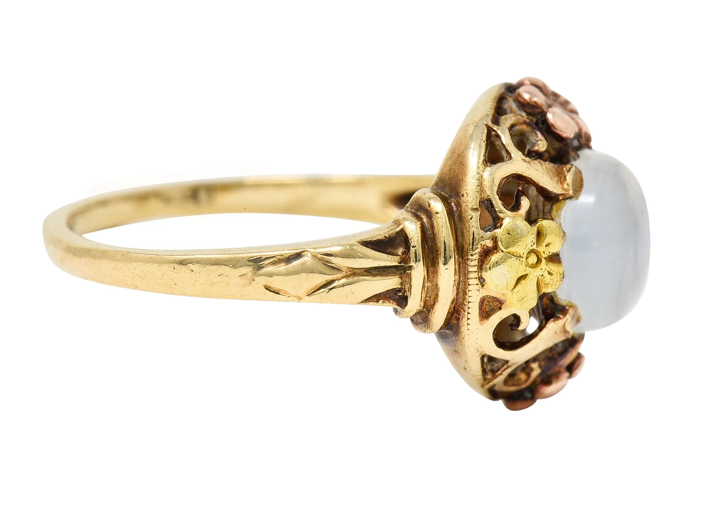 Arts & Crafts Moonstone Cabochon 14 Karat Tri-Colored Gold Floral Whiplash Antique Ring