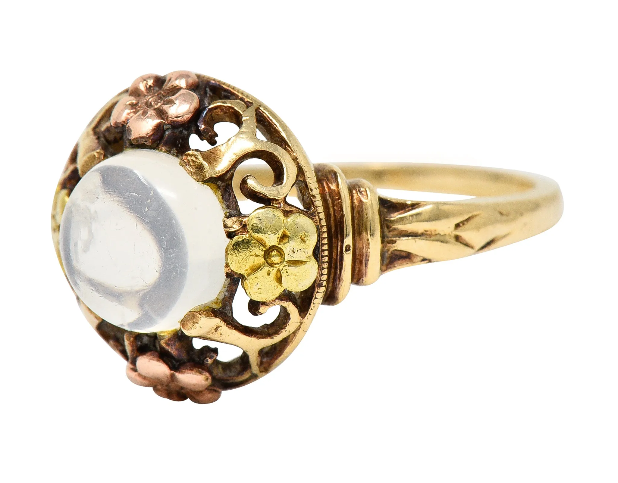 Arts & Crafts Moonstone Cabochon 14 Karat Tri-Colored Gold Floral Whiplash Antique Ring