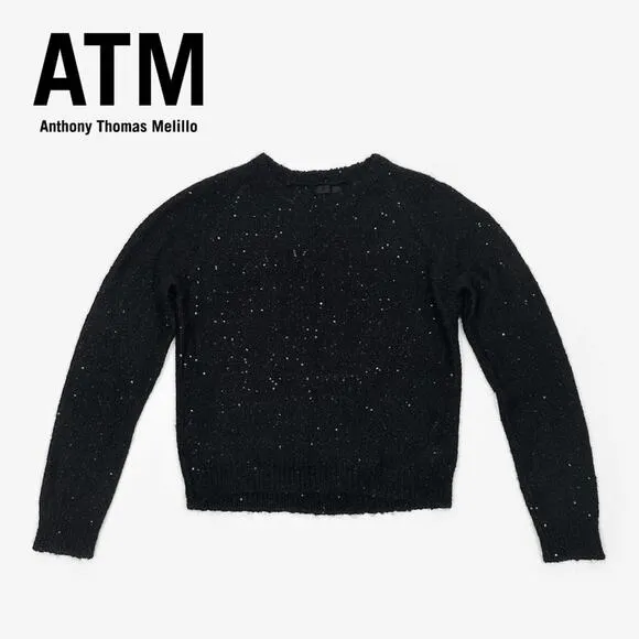 ATM Sequined Sweater Medium Black Casual Chic Glam Elegant Sparkle Preppy
