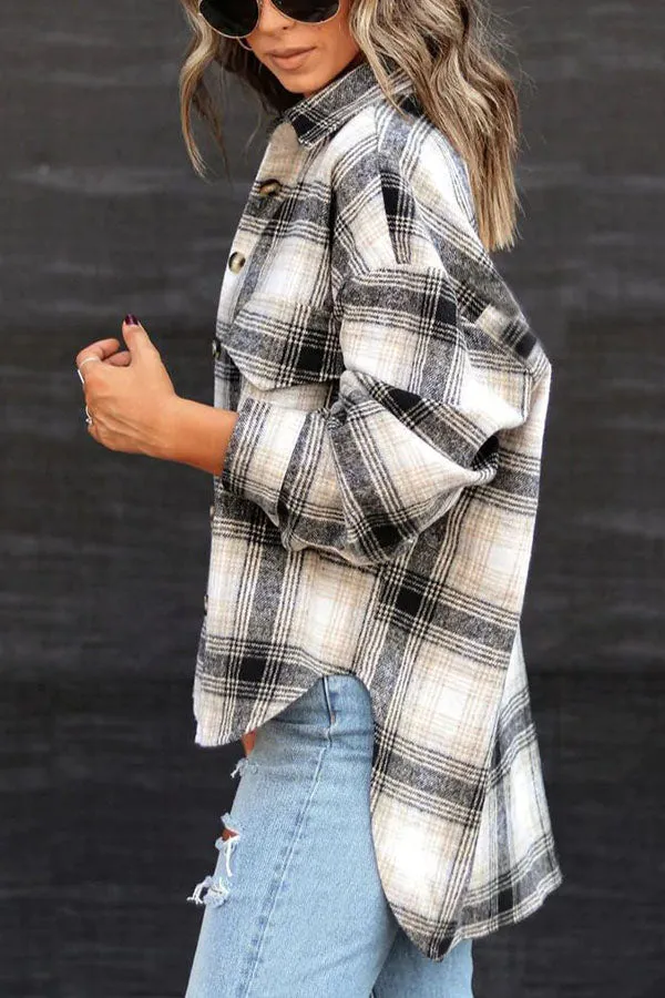 Autumn and winter long sleeve loose plaid shirt woolen coat