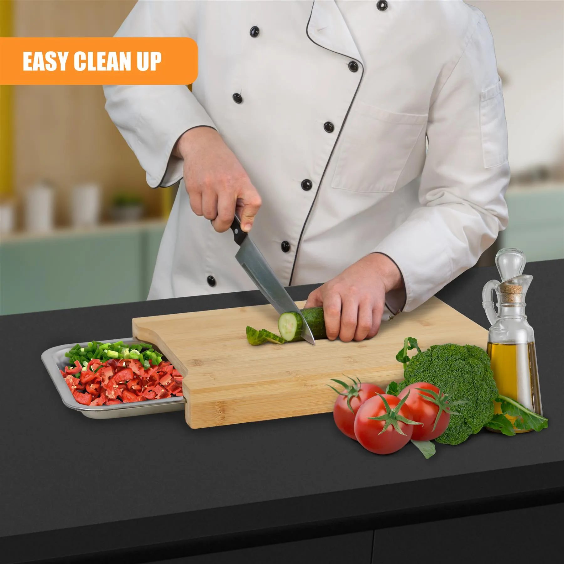 Bamboo Chopping Board with Stainless Steel Tray
