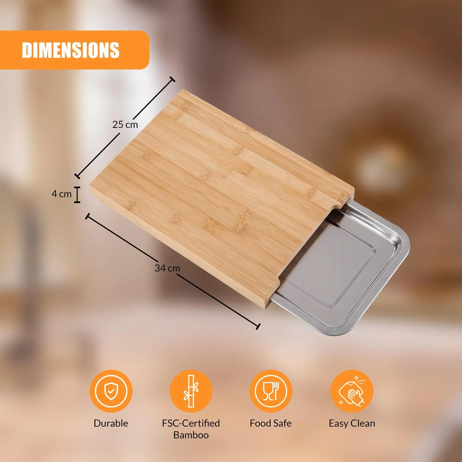 Bamboo Chopping Board with Stainless Steel Tray