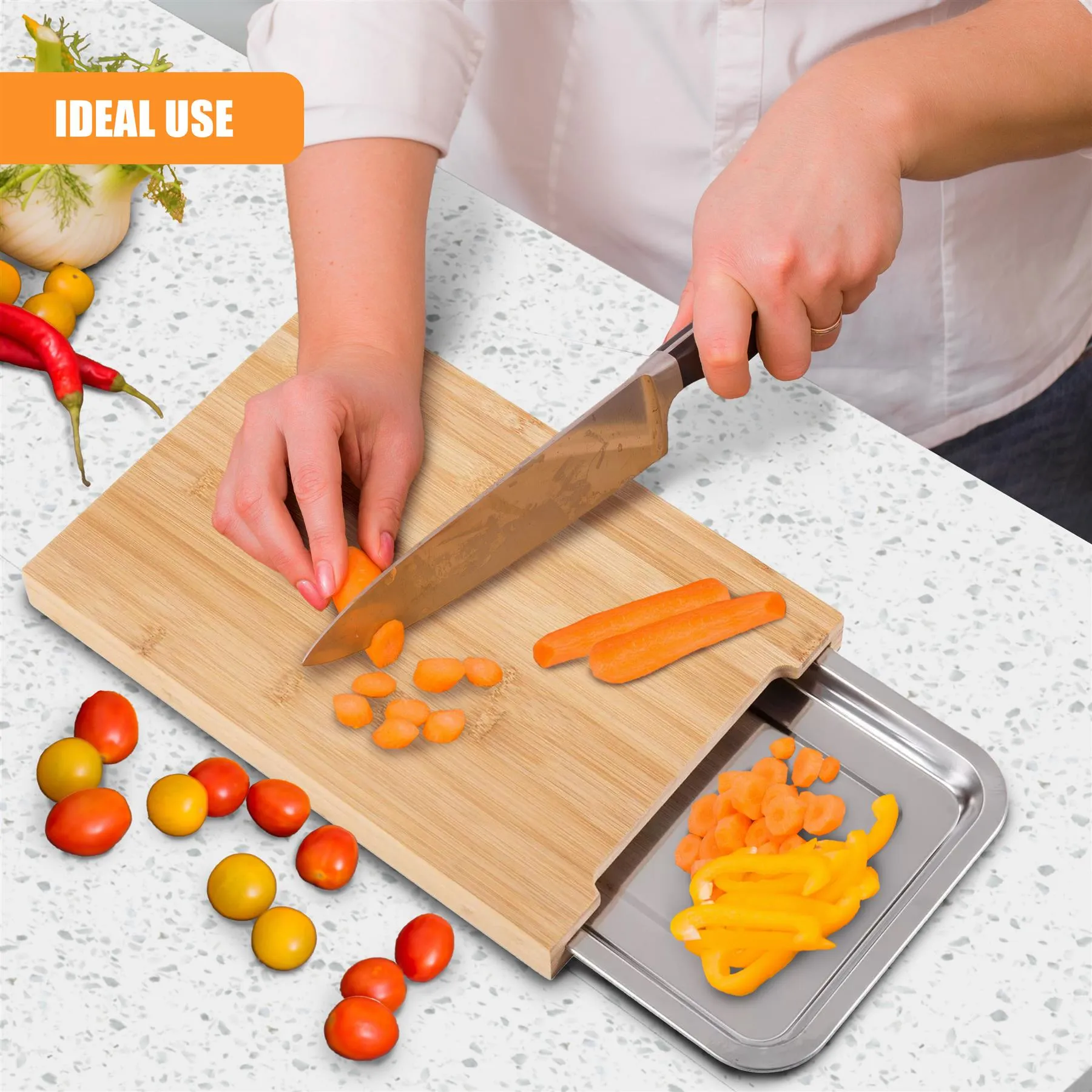 Bamboo Chopping Board with Stainless Steel Tray
