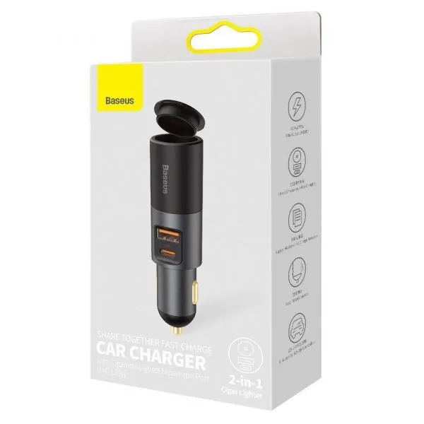 Baseus Car Charger W/Cigarette Lighter Port U C 120W Gray