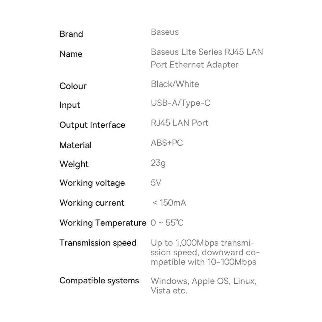 Baseus Lite Series external USB Type C network adapter - RJ-45 1Gbps (1000Mbps) black